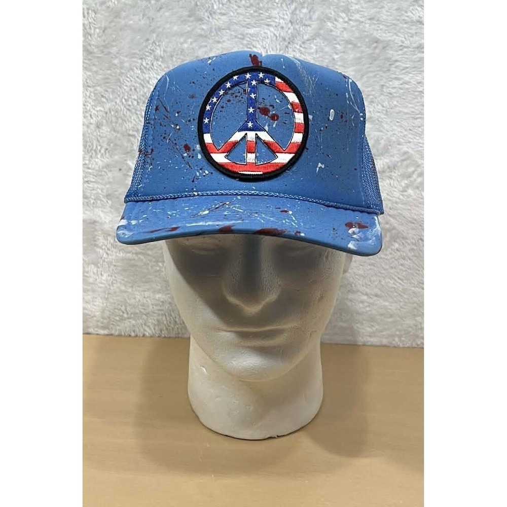 OTTO Blue Mesh Trucker Hat Peace Sign USA Paint Splatter Snapback